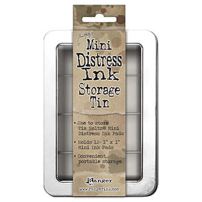 Distress Mini Ink Pad Storage Tin ... by Tim Holtz and Ranger - 1 (one) empty metal container with hinged lid and window and removable plastic tray. Holds 12 (twelve) Mini Distress Ink Pads (not included).  The Tim Holtz Distress Storage Tin is a conveniently sized, portable container that is durable and lightweight, the perfect solution to store and organise your Mini Distress Ink pads, Ink Blending Tools, Distress Brushes, markers and many other items. Old labelling.