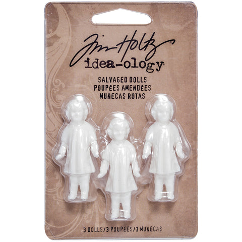 Salvaged Dolls - by Tim Holtz Idea-Ology - Miniature resin models to use for cardmaking, assemblage projects, off-the-page marvels and party decor. Pack of 3 (three) dolls, each 1 3/4" tall.
