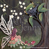 Art by Jenny creation - Jenny James of Australia - mixed media 3D dimensionally crafted wallart on canvas, featuring a bird in a gum tree talking to a fairy