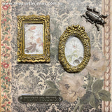 Gothic Frames by Tim Holtz Idea-Ology - Use these detailed vintage inspired, gold coloured resin frames for mixed media and traditional miniature artwork. Shown in use (made by Jenny James 2021) on the cover of a 6"x6" Dina Wakley MEdia Kraft Journal.