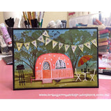 Art by Jenny creation - Jenny James of Australia - birthday card made with Darkroom Door carved caravan stamp set with Distress Inks and hand cut bunting.
