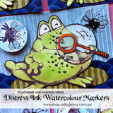 Art by Jenny creation - Jenny James of Australia - stamped image of a frog with flies and bubbles, coloured using Distress Inks.