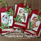 Art by Jenny creation - Jenny James of Australia - stamped Christmas gift tags and cards made using Australiana animals and birds wearing Santa beanies, featuring holly and messages of peace.