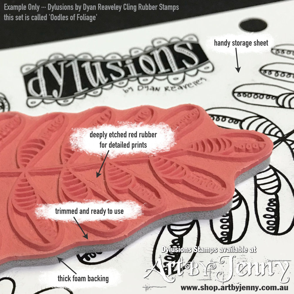 close up photograph of Dylusions Dyan Reaveley Stamps showing details and notations, available from Art by Jenny in Australia