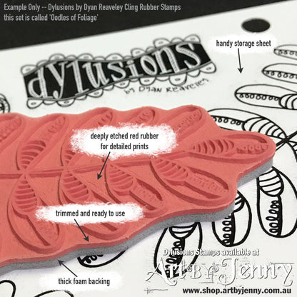 close up photograph of Dylusions Dyan Reaveley Stamps showing details and notations, available from Art by Jenny in Australia