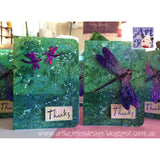 Art by Jenny creation - Jenny James of Australia - thank you cards featuring dragonflies - inking and embossing using Tim Holtz and Ranger Distress Inks, paints and embossing powders with stickles glitter glue.