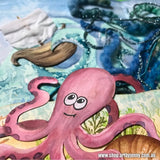 Art by Jenny creation - Jenny James of Australia - watercolour and paper cutouts with acrylic yarn, mixed media 3D dimensional art journal page of an octopus with sailing ship.