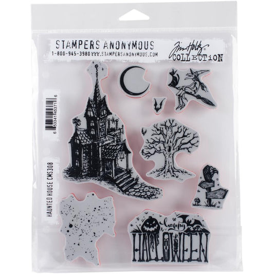 Haunted House - cling stamp set by Tim Holtz and Stampers Anonymous (cms308). A set of 8 (eight) designs for all those magical and Halloween inspired moments in papercrafts, journaling, mixed media, cardmaking and visual arts.