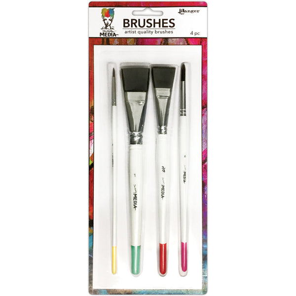 Paint Brushes (set of 4) ... by Dina Wakley MEdia. 4 (four) medium bristled brushes, 1" flat, 3/4" flat, no.6 round and a fine point round (one of each) for mixed media, painting, visual arts.