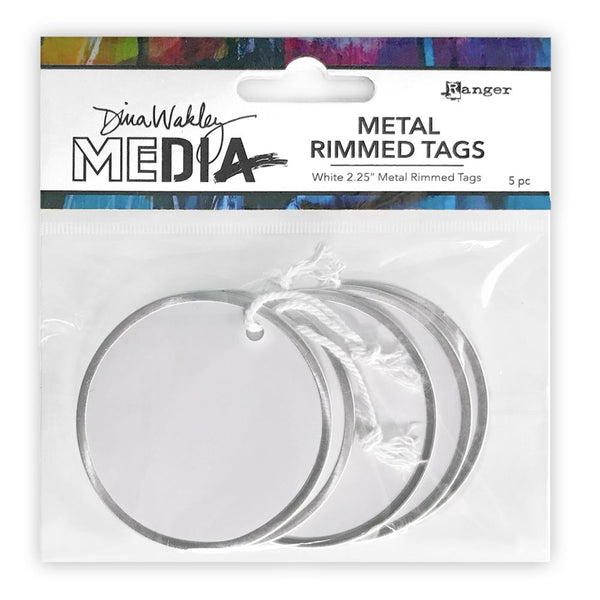 Metal Rimmed Round Tags ... by Dina Wakley MEdia and Ranger. Smooth matte white round cardstock within a silver coloured metal edging with cotton tie. Pack of 5, each 2.25" in size.   Dina Wakley MEdia rimmed round tags are for adding to cards, journals, scrapbooks, handmade books, gifts,stamping, stencilling, tearing, painting, altering in any way you wish to create more art! 