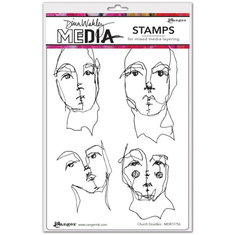 Church Doodles  - by Dina Wakley MEdia ... cling foam mounted, red rubber stamps for endless creative possibilities. 4 (four) designs (MDR77756).  Enjoy adding layers of mixed media imagery with Dina Wakley's finely drawn inky sketchy illustrations of four soulful faces. Create art, make cards, collage layers in journals, scrapbook pages, mixed media canvas for the wall - however you use these original stamp designs by Dina Wakley, enjoy every moment.