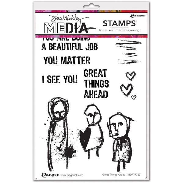 Great Things Ahead - Dina Wakley MEdia ... Cling Mounted Rubber Stamps in 9 (nine) designs (MDR77763).  Enjoy adding layers of mixed media imagery with Dina Wakley's inky sketchy illustrations of 3 peope, hearts, horizontal scribble and 4 quotes. They welcome you to have a go, create art however you wish!  Sayings are ... - You are doing a beautiful job. - You matter. - I see you. - Great things ahead. ... all in an uppercase block vintage style.