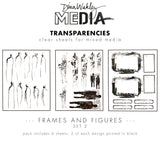 Frames and Figures (set 2) - Transparencies ... by Dina Wakley MEdia and Ranger. 6 (six) sheets of clear film printed with black designs, 8.5" x 10.75" in size. Use for creative collage, journaling, bookmaking, scrapbooking, mixed media and other visual arts. 