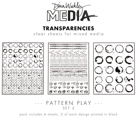 Pattern Play (set 2) - Transparencies ... by Dina Wakley Media and Ranger. 6 (six) sheets of clear film printed with black designs, 8.5" x 10.75" in size. Use for creative collage, journaling, bookmaking, scrapbooking, mixed media and other visual arts. 