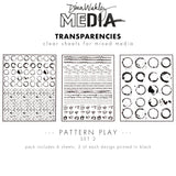 Pattern Play (set 2) - Transparencies ... by Dina Wakley Media and Ranger. 6 (six) sheets of clear film printed with black designs, 8.5" x 10.75" in size. Use for creative collage, journaling, bookmaking, scrapbooking, mixed media and other visual arts. 