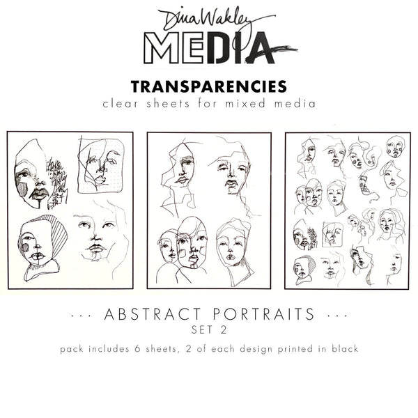 Abstract Portraits (set 2) - Transparencies ... by Dina Wakley MEdia and Ranger. 6 (six) sheets of clear film printed with black designs, 8.5" x 10.75" in size. Use for creative collage, journaling, bookmaking, scrapbooking, mixed media and other visual arts. 