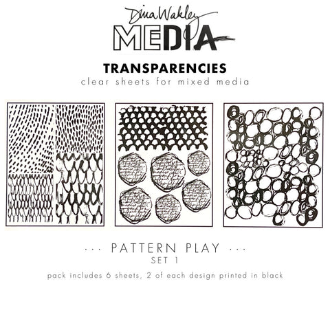 Pattern Play - Transparencies ... by Dina Wakley Media and Ranger. 6 (six) sheets of clear film printed with black designs, 8.5" x 10.75" in size. Use for creative collage, journaling, bookmaking, scrapbooking, mixed media and other visual arts. 