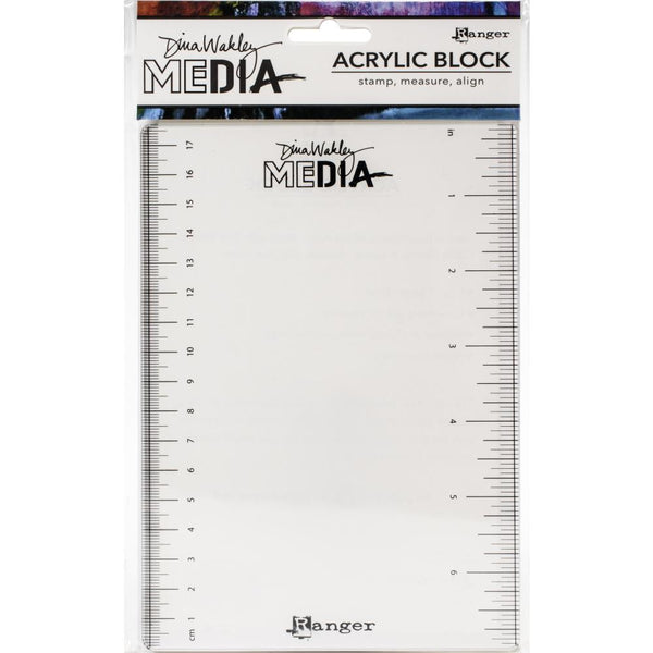 Acrylic Block with Ruler and Guide - by Dina Wakley MEdia ... conveniently sized (5"x7") clear acrylic stamping block for art journaling, mixed media, painting, bullet journaling, scrapbooking, papercrafts and visual arts.