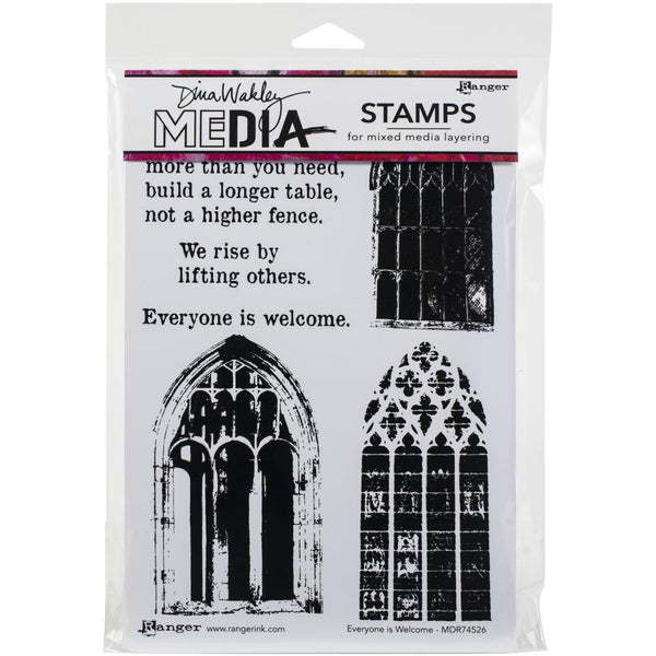 Everyone is Welcome - Dina Wakley MEdia ... Cling Mounted Rubber Stamps in 6 (six) designs (MDR74526).  This stamp set by Dina includes 3 (three) arched gothic windows or doorways (in a vintage photographic style) and 3 (three) quotes in a simply easy to read typeface.  Sayings are ... - When you have more than you need, build a longer table, not a higher fence. - We rise by lifting others. - Everyone is welcome.