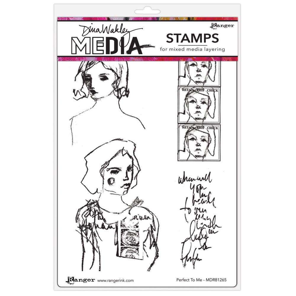 Perfect to Me - Dina Wakley MEdia ... Cling Mounted Rubber Stamps in 4 (four) designs (MDR81265).   Dina Wakley's set of rubber stamps features illustrations of inky portraits of women viewed from the side and front (head and shoulders imagery), a trio of faces in squares and an inky phrase in Dina's handwriting.