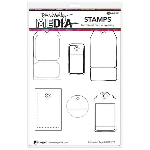 Perforated Tags - Dina Wakley MEdia ... Cling Mounted Rubber Stamps in 6 (six) designs (MDR81272).   Dina Wakley's set of rubber stamps features illustrations of tags or labels in various sizes and styles. Each is drawn with fine lines and has a ring marked for a reinforced hole.