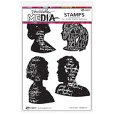 Text Profiles - Dina Wakley MEdia ... Cling Mounted Rubber Stamps in 4 (four) designs (MDR81319).   Dina Wakley's set of rubber stamps features a four people viewed from the side in silhouette form (head and shoulders imagery) with reversed out writing within the shapes. 
