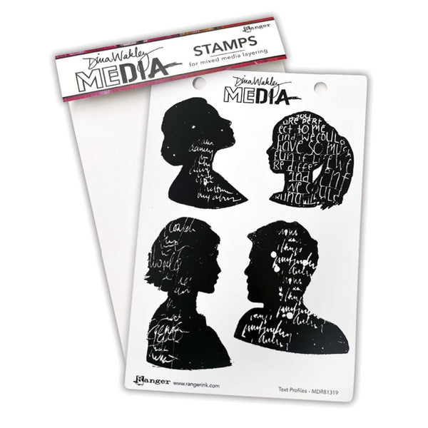 Text Profiles - Dina Wakley MEdia ... Cling Mounted Rubber Stamps in 4 (four) designs (MDR81319).   Dina Wakley's set of rubber stamps features a four people viewed from the side in silhouette form (head and shoulders imagery) with reversed out writing within the shapes. 