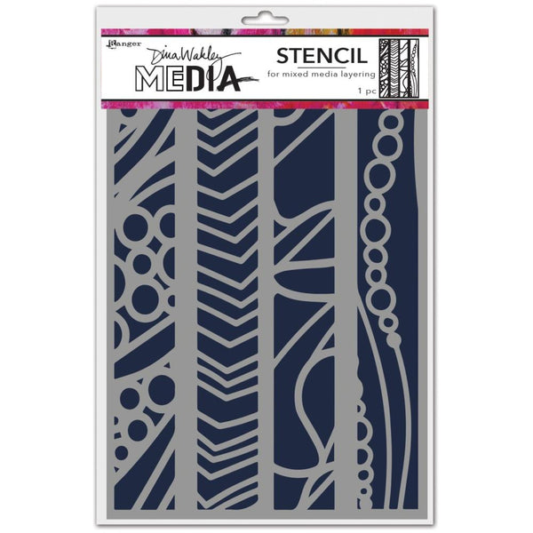In A Line - Dina Wakley MEdia ... Stencil for layering colour, texture and patterns in mixed media, visual arts and papercrafts. 1 (one) stencil (MDS81623).   Designed by Dina Wakley, this design features four patterns in long rectangular areas (stripes) - rings and lines, arrow lines, abstract curvy lines, long wavy lines with rings.