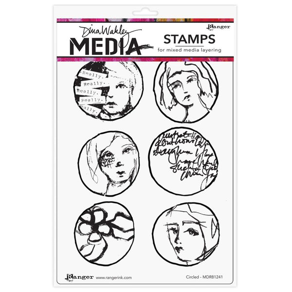Circled - by Dina Wakley MEdia ... cling foam mounted, red rubber stamps for endless creative possibilities. 6 (six) designs  (MDR81241).   A series of 6 (six) round frames, each with wonderful designs on the inside. Each one features either text, a face, flower or both. One has a fantastic saying over a soulful face which I love : "really really really really eally" the last R is under the black edge.