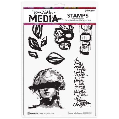 Seeing is Believing - Dina Wakley MEdia ... Cling Mounted Rubber Stamps in 6 (six) designs (MDR81289).   Dina Wakley's set of stamps features a greyscale halftone photo of a girl with a solid line across her eyes (looks a bit like she's wearing a helmet or baseball cap too). To the right of the girl is a piece of scribbly writing, and above are inky leaves and collaged circles. 