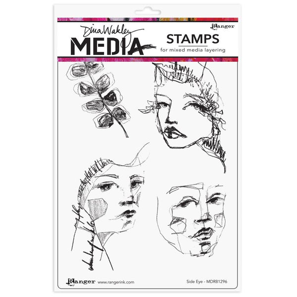 Side Eye - Dina Wakley MEdia ... Cling Mounted Rubber Stamps in 4 (four) designs (MDR81296).   Dina Wakley's set of stamps features 1 (one) inky compound leaf (a leaf frond made up of little leaves) and 3 (three) hand illustrated portraits of women, each in a different pose, looking sideways. 