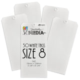 White Tags, Size 8 - by Dina Wakley MEdia ... pack of 50 white tags for creative pursuits. Each tag is 78mm x 158mm (3 1/8" x 6 1/4") in size with mitred top corners and a reinforced hole