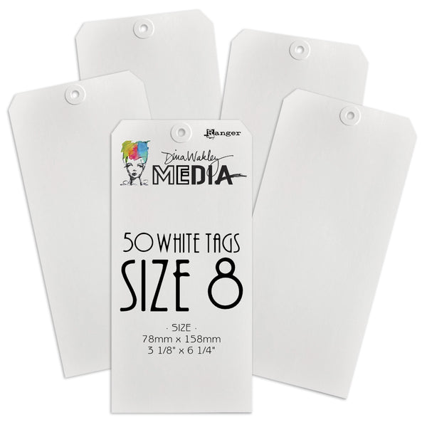 White Tags, Size 8 - by Dina Wakley MEdia ... pack of 50 white tags for creative pursuits. Each tag is 78mm x 158mm (3 1/8" x 6 1/4") in size with mitred top corners and a reinforced hole