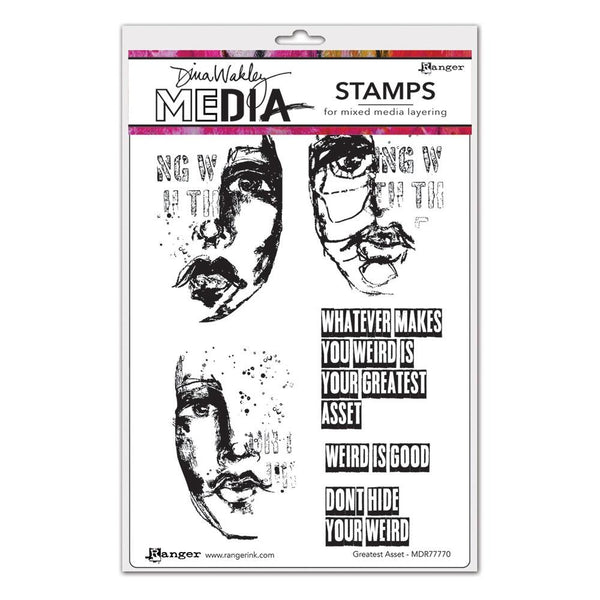 Greatest Asset - Dina Wakley MEdia ... Cling Mounted Rubber Stamps in 6 (six) designs (MDR77770). Sayings are ... - Whatever makes you weird is your greatest asset. - Weird is good. - Don't hid your weird. ... all in a bold uppercase reversed out block style.  Stamp sizes (approx) : 'whatever makes you weird' quote is 2 1/8" x 2 1/8".