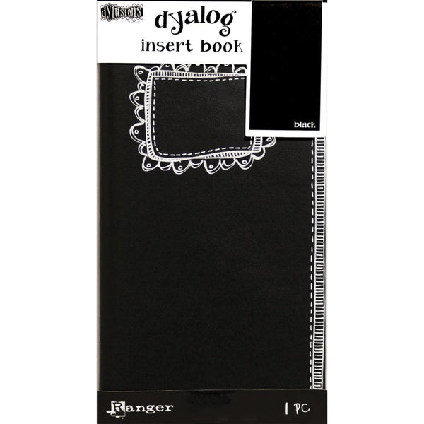Black (no.2) - Dylusions Dyalog Insert Book ... this 4.375" x 8.25" book with 24 pages has an inviting black cover covered in white doodled scallop frame and border of dashes and lines on the long edge. The inner pages are blank (plain) black medium weight mixed media paper. Designed by Dyan Reaveley. Black mixed media paper is perfect for Mica Stains, Shimmer Sprays, Pearl Crayons, doodling in white, using pastels, colouring, writing or drawing with gel pens and metallic markers and more!