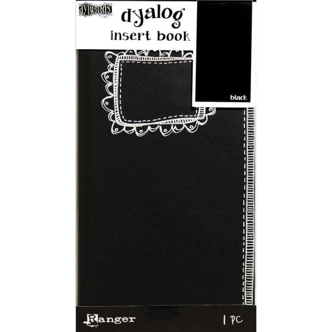Black (no.2) - Dylusions Dyalog Insert Book ... this 4.375" x 8.25" book with 24 pages has an inviting black cover covered in white doodled scallop frame and border of dashes and lines on the long edge. The inner pages are blank (plain) black medium weight mixed media paper. Designed by Dyan Reaveley. Black mixed media paper is perfect for Mica Stains, Shimmer Sprays, Pearl Crayons, doodling in white, using pastels, colouring, writing or drawing with gel pens and metallic markers and more!