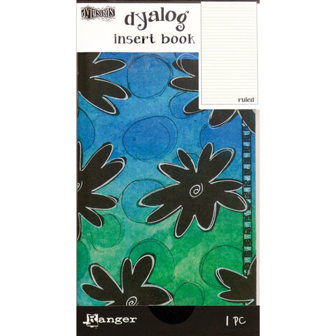Ruled (no.2) - Dylusions Dyalog Insert Book ... this 4.375" x 8.25" book with 24 pages has a cover printed with a blended background of green and blue with black daisies and a dashed edge. The inner pages are medium weight mixed media paper, printed with uniform rows of pale grey lines 6mm apart. Designed by Dyan Reaveley. 