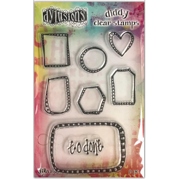 Box It Up - Diddy Clear Stamps ... Dylusions by Dyan Reaveley - Acrylic Cling Stamps in 8 (eight) designs.  This set features 6 (six) smaller frames, 1 (one) larger frame and our favourite list name, to don't (in Dyan's fabulous handwriting). Shapes include rectangles, tags, circle, heart and hexagon. Sizes vary, the heart is approx 1" wide.Overall size is 4.5" x 7" or 11.5cm x 18cm.
