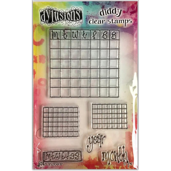 Check it Out - Diddy Clear Stamps ... Dylusions by Dyan Reaveley - Acrylic Cling Stamps in 6 (six) designs.  This set features 3 charts in 3 different sizes plus the words year, month and mtwtfss (in Dyan's fabulous handwriting). The charts are all 7 squares wide, the larger one has "m t w t f s s" along the top row with 6 blank rows underneath, the smaller 2 charts are both blank. Sizes vary.