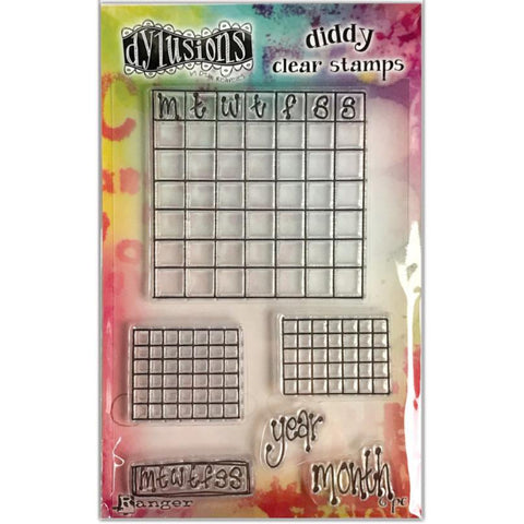 Check it Out - Diddy Clear Stamps ... Dylusions by Dyan Reaveley - Acrylic Cling Stamps in 6 (six) designs.  This set features 3 charts in 3 different sizes plus the words year, month and mtwtfss (in Dyan's fabulous handwriting). The charts are all 7 squares wide, the larger one has "m t w t f s s" along the top row with 6 blank rows underneath, the smaller 2 charts are both blank. Sizes vary.