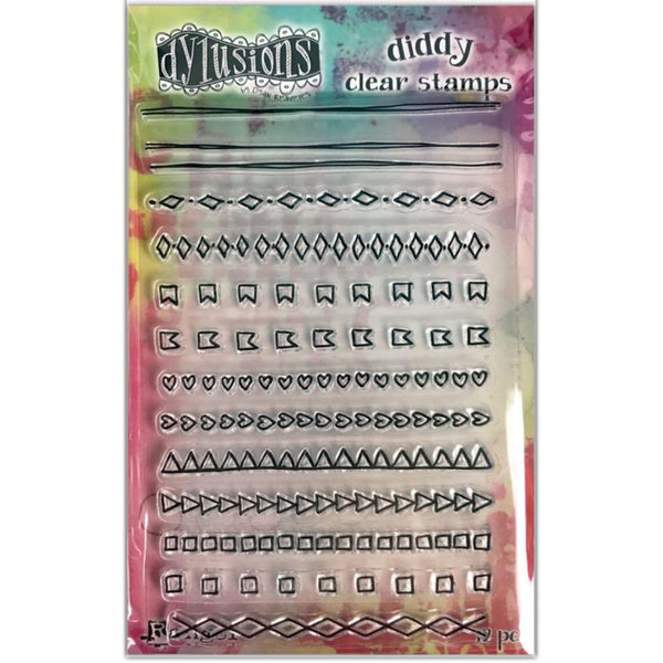 Mini Doodles - Diddy Clear Stamps ... Dylusions by Dyan Reaveley - Acrylic Cling Stamps in 13 (thirteen) designs.  This set called "Mini Doodles" features 13 (thirteen) fabulous narrow doodles of hearts, diamonds, tags, squares, triangles (arrows) and more, all in a row ... perfect for borders, dividers, patterns, frames, adding interesting marks, pointing the way, marking the spot and more. Each row is approx 4 inches long. 