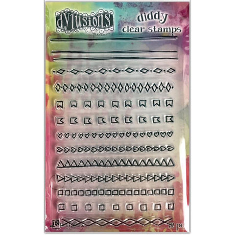 Mini Doodles - Diddy Clear Stamps ... Dylusions by Dyan Reaveley - Acrylic Cling Stamps in 13 (thirteen) designs.  This set called "Mini Doodles" features 13 (thirteen) fabulous narrow doodles of hearts, diamonds, tags, squares, triangles (arrows) and more, all in a row ... perfect for borders, dividers, patterns, frames, adding interesting marks, pointing the way, marking the spot and more. Each row is approx 4 inches long. 
