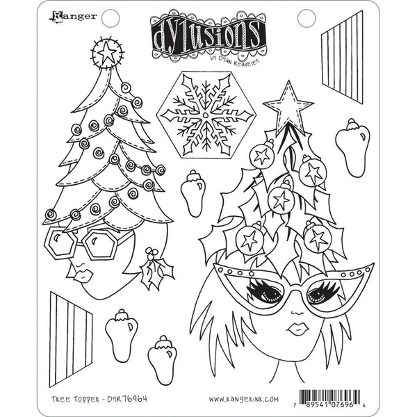 Dylusions by Dyan Reaveley stamping designs for mixed media, journaling and visual arts. Image is of the set called Tree Topper, at Art by Jenny.