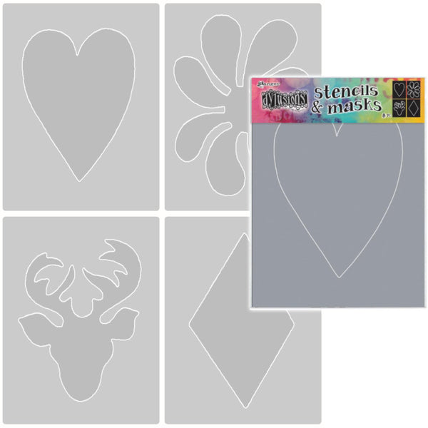Classics ... Stencil with Masks - by Dyan Reaveley of Dylusions. 4 (four) designs (flower, stag, heart, diamond), total of 8 pieces. Each approx 4.5" x 6".  This stencil and mask set includes both the positive and negative shapes... 1 rectangle stencil with silhouette shapes cut out with matching pieces.