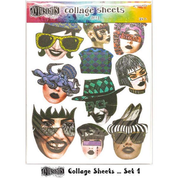 Collage Paper - set 1 ... Dylusions by Dyan Reaveley.  24 (twenty four) sheets, single sided matte white paper with 16 (sixteen) pages of full sized designs and 8 (eight) pages of half sized designs. Sheet size is 8.5" x 11".  Every day designs of faces, creatures, legs, dolls, flowers, patterns and backgrounds.