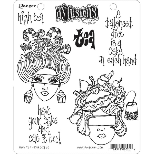 High Tea ... cling mounted rubber stamp set - Dylusions by Dyan Reaveley (DYR80268). 6 designs with doll heads and wise words.