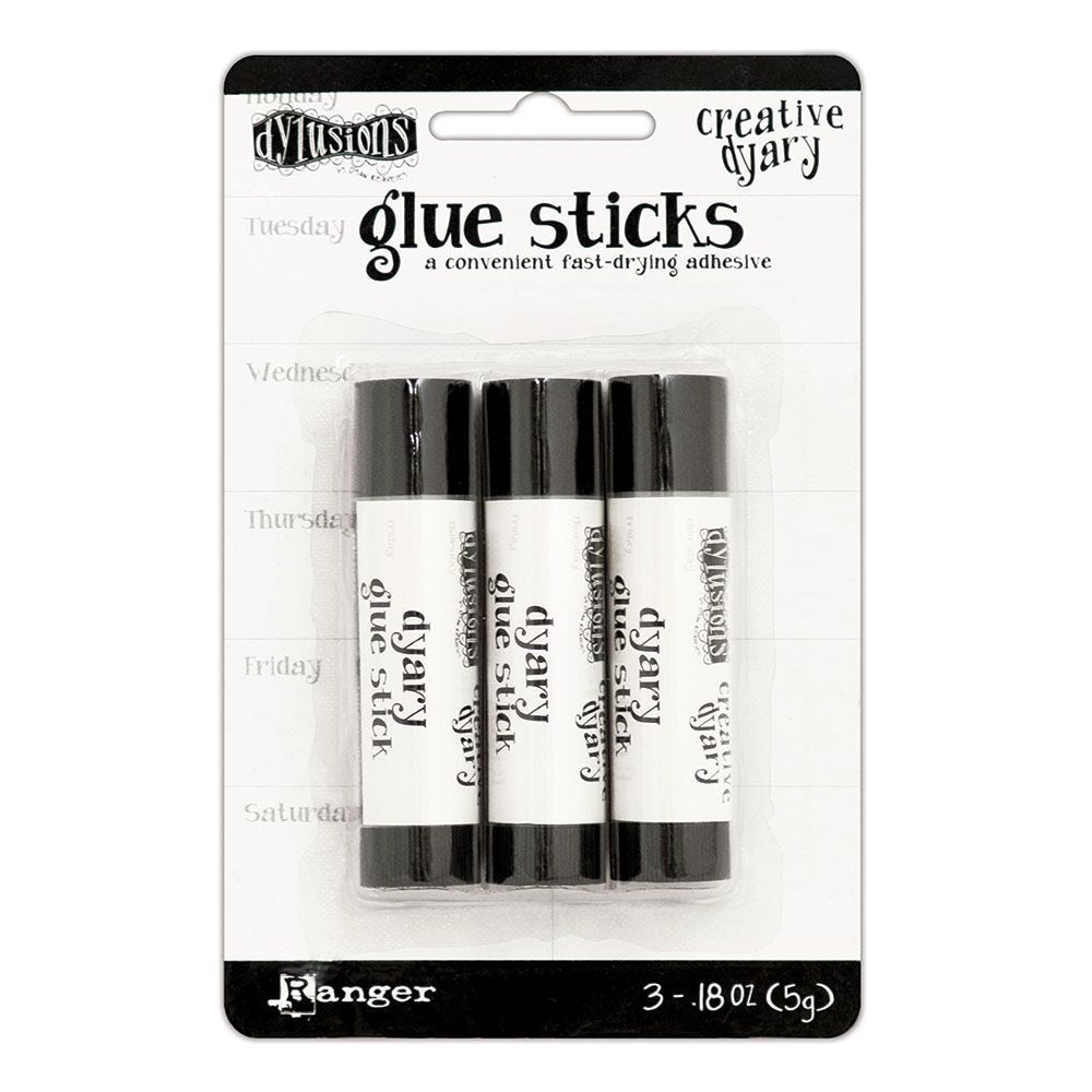 Glue Sticks ... made by Ranger for Dyan Reaveley (Dylusions), each 5 grams of papercraft glue in a triangular shaped cylinder twist-up barrel. Triangle shaped glue stick for ease of adhering corners and small pieces. A handy sized glue stick in a pack of three, this Dylusions Papercraft Glue Stick is a fast drying, permanent adhesive for papers and cardstocks. Great for under washi tape to make them stick permanently, using with stickers, die cuts, journal pages, junk journal fodder, cardmaking, ATCs.