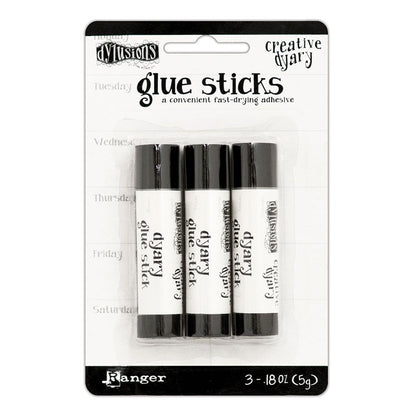 Glue Sticks ... made by Ranger for Dyan Reaveley (Dylusions), each 5 grams of papercraft glue in a triangular shaped cylinder twist-up barrel. Triangle shaped glue stick for ease of adhering corners and small pieces. A handy sized glue stick in a pack of three, this Dylusions Papercraft Glue Stick is a fast drying, permanent adhesive for papers and cardstocks. Great for under washi tape to make them stick permanently, using with stickers, die cuts, journal pages, junk journal fodder, cardmaking, ATCs.