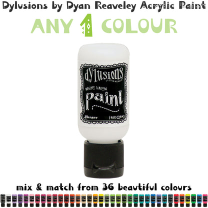 Dylusions Acrylic Paint by Dyan Reaveley ... Any 1 (one) Colour of Your Choice - Flip Cap Bottle, 1 fl oz (29ml). Made by Ranger.  Smooth and creamy in over 30 gorgeous colours, the amazing Dylusions acrylic paint by Dyan Reaveley and Ranger is packaged in convenient, airtight bottles with flip cap lids (that also screw off). Each bottle holds 29ml or 1 fluid ounce in colours that coordinate with the whole Dylusions range of art supplies.