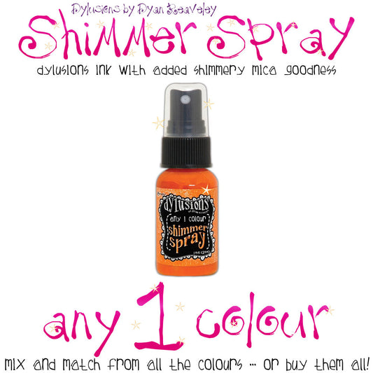 Dylusions Shimmer Spray - by Dyan Reaveley. Choose any gorgeous spray bottle with vibrant, mica rich, pearlescent and shimmery, colourful inks by Ranger. Dylusions Shimmer Sprays are designed to meet Dyan Reaveley's specifications for art journaling - they are watersoluble, dye based inks with added pigments and mica powder to create gorgeous shimmery colourful layers in your art. Use to spray, paint, smoosh, dip, splatter, colour in, stencil, blend ink to all your artwork.